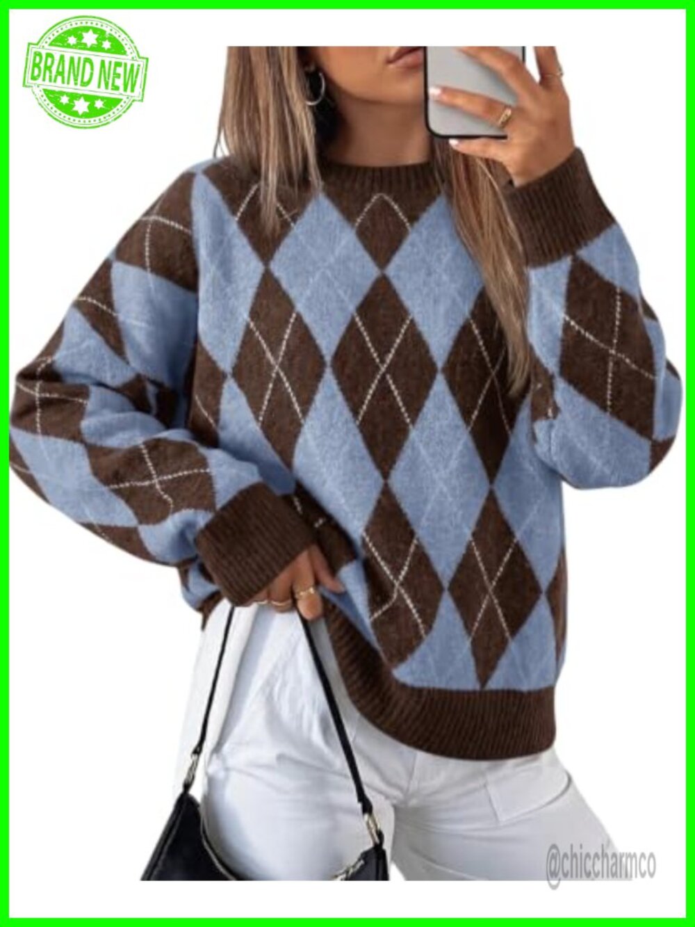 Oversized Argyle Plaid Knit Pullover Sweater Long Sleeve Crew Neck